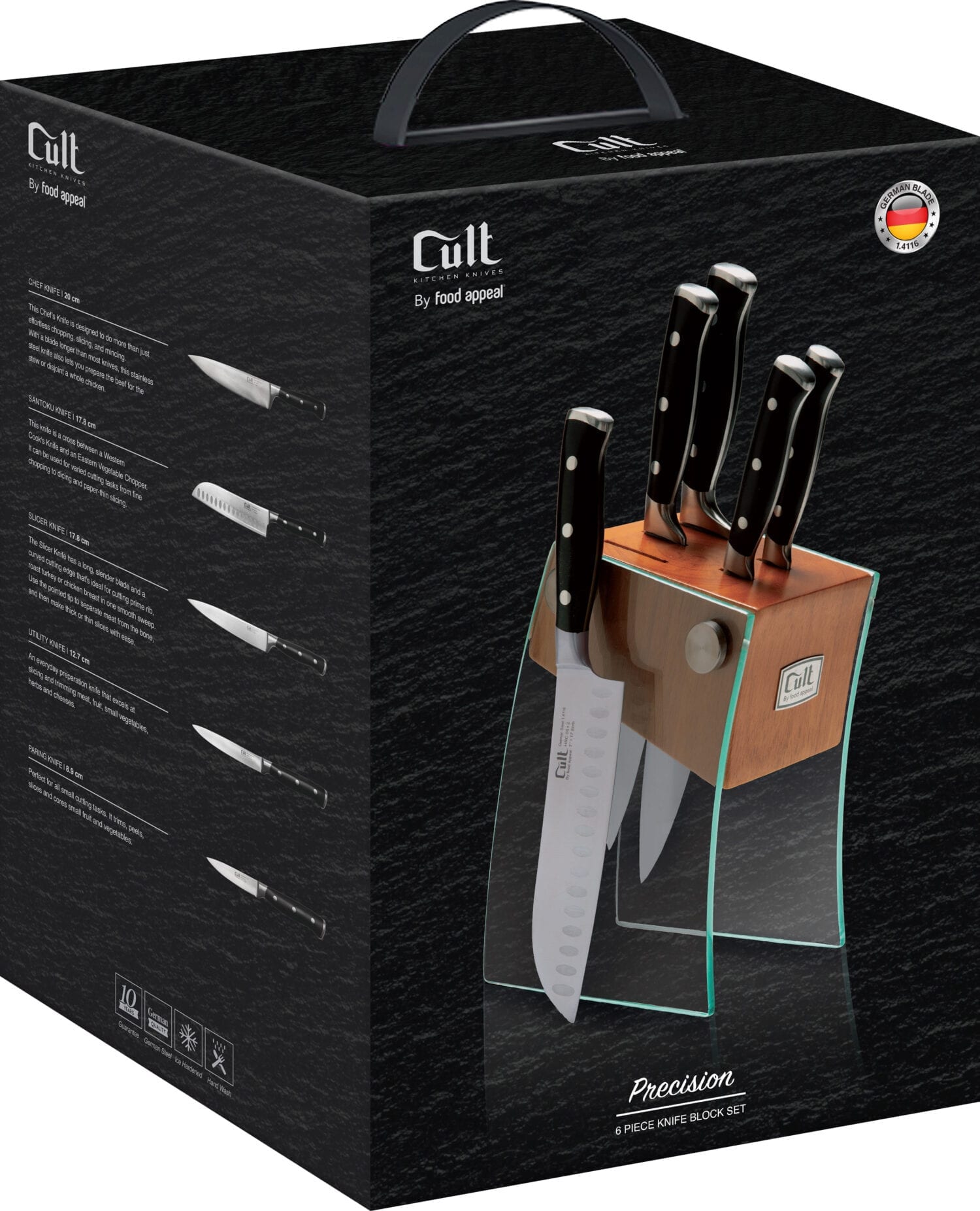 בלוק סכינים 6 חלקים הכולל 5 סכינים + מעמד זכוכית Food Appeal Cult Precision פוד אפיל