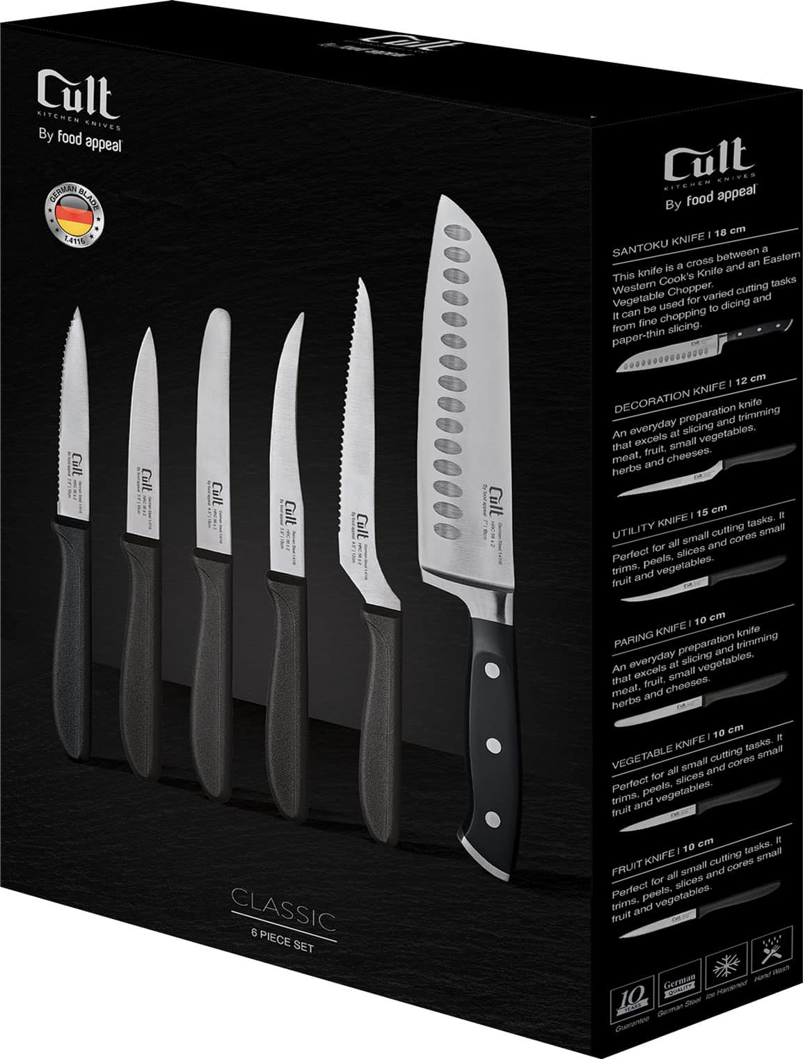 סט 6 סכינים סכין סנטוקו 18 ס"מ, סכין מדורגת ומשוננת 15 ס"מ, סכין עגבניה 12ס"מ, סכין קילוף 10 ס״מ