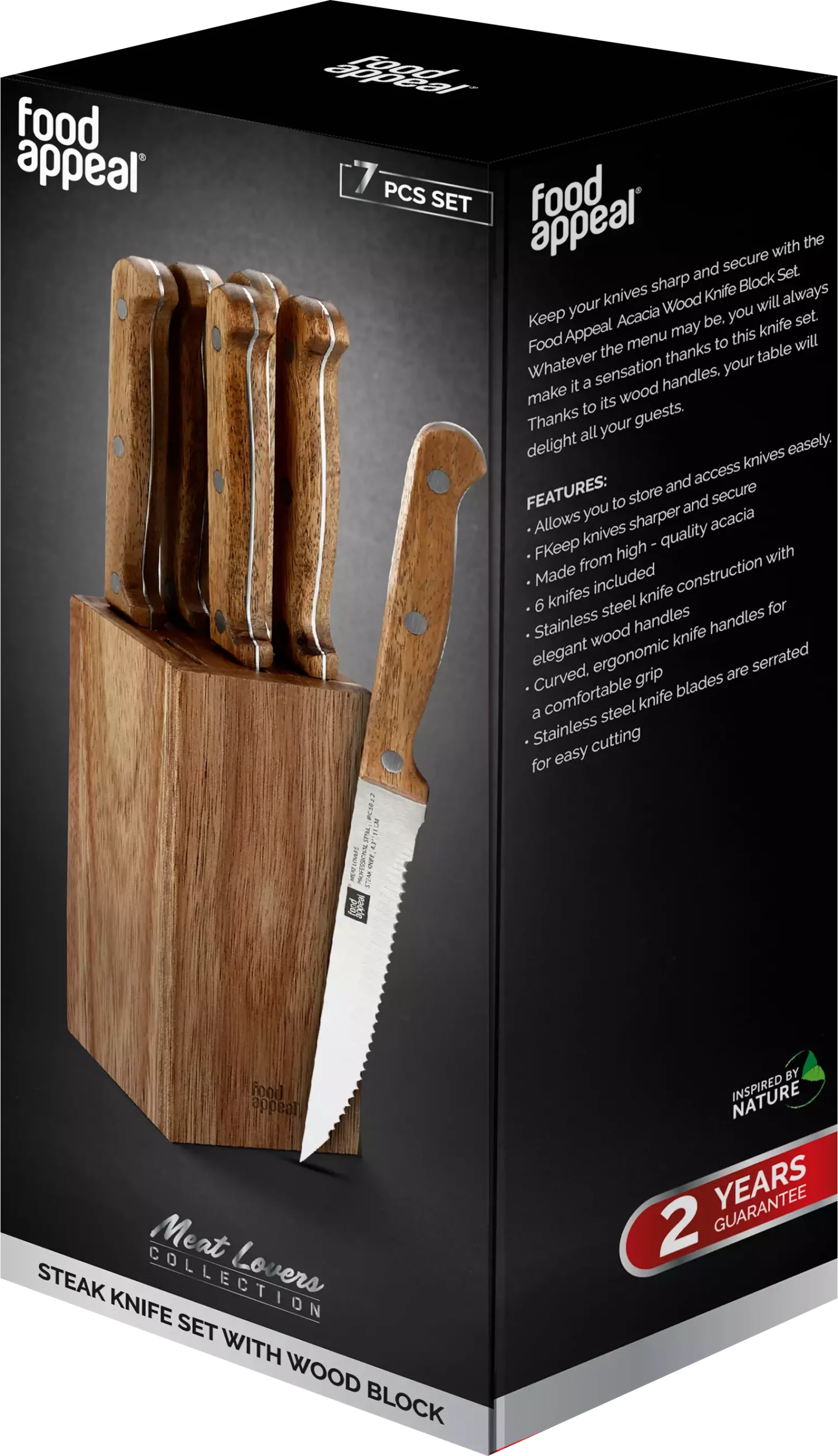 בלוק סכינים 7 חלקים הכולל 6 סכיני סטייק + מעמד עץ  Food Appeal Meat Lovers Collection פוד אפיל