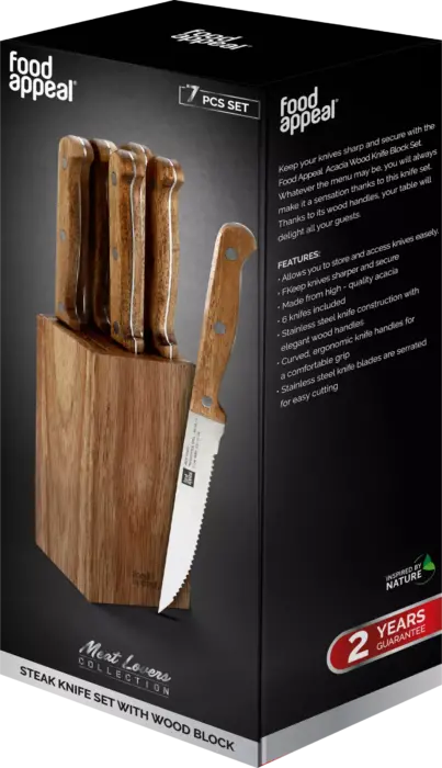 בלוק סכינים 7 חלקים הכולל 6 סכיני סטייק + מעמד עץ  Food Appeal Meat Lovers Collection פוד אפיל