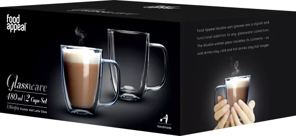 סט 2 כוסות זכוכית דאבל 480 מ"ל דגם Latte Ethiopia